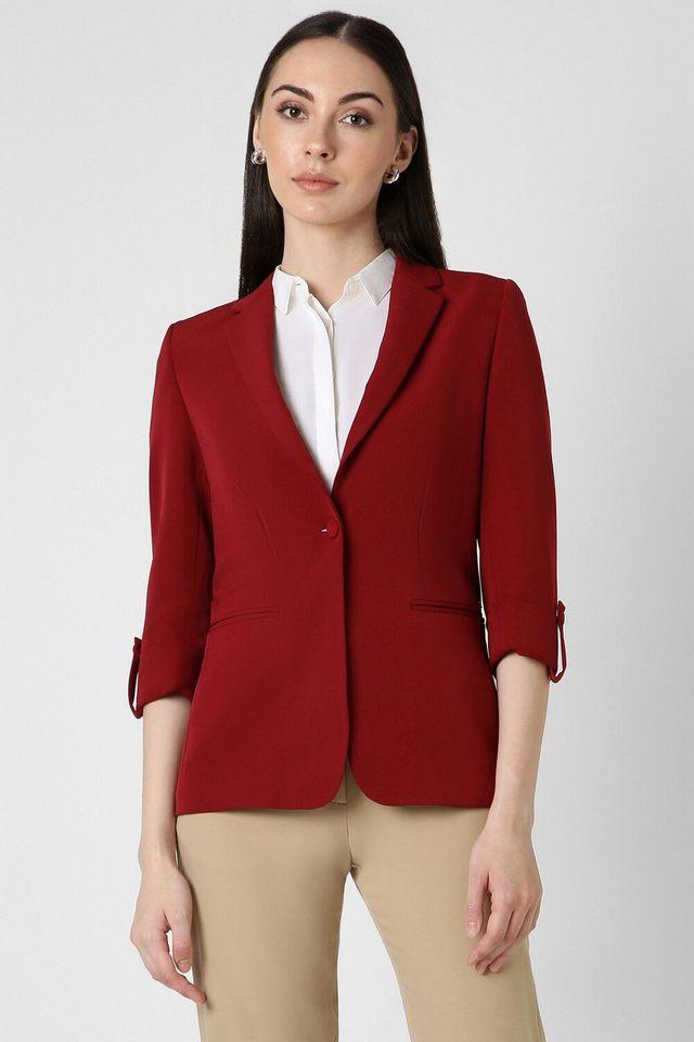 Buy VAN HEUSEN Maroon Solid Polyester Regular Fit Women s Formal Wear Blazer Shoppers Stop