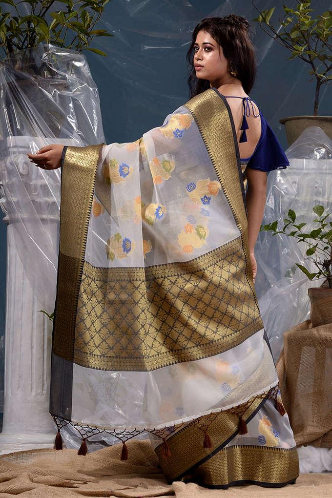 Banarasi Zari Silk Everyday Wear Floral Motifs Print Multicolour Saree