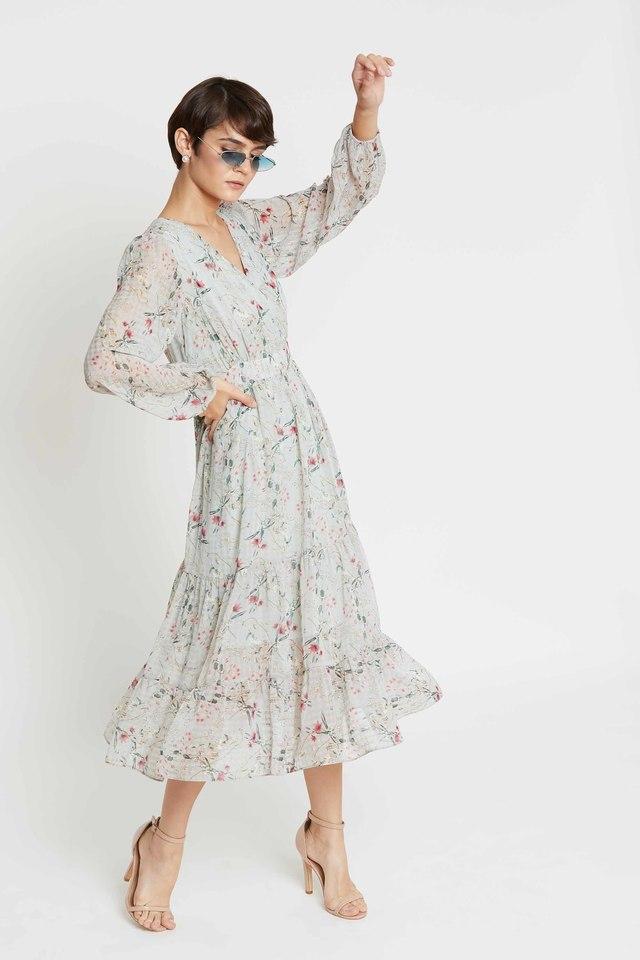 Buy MADAME Green Printed V Neck Polyester Womens Casual Dress