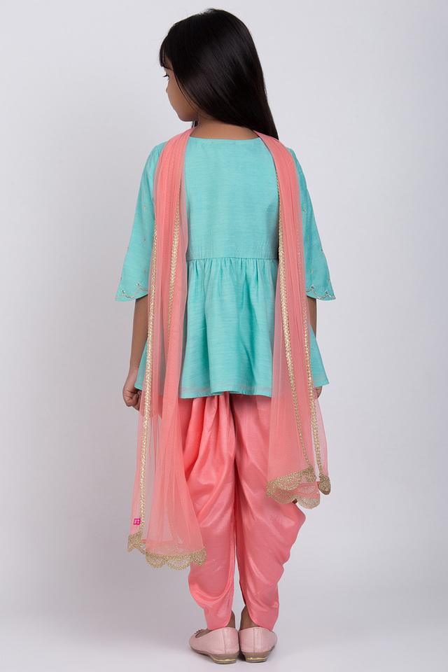 Buy BIBA GIRLS Turquoise Girls Round Neck Party Kurta Dhoti Pants Suit