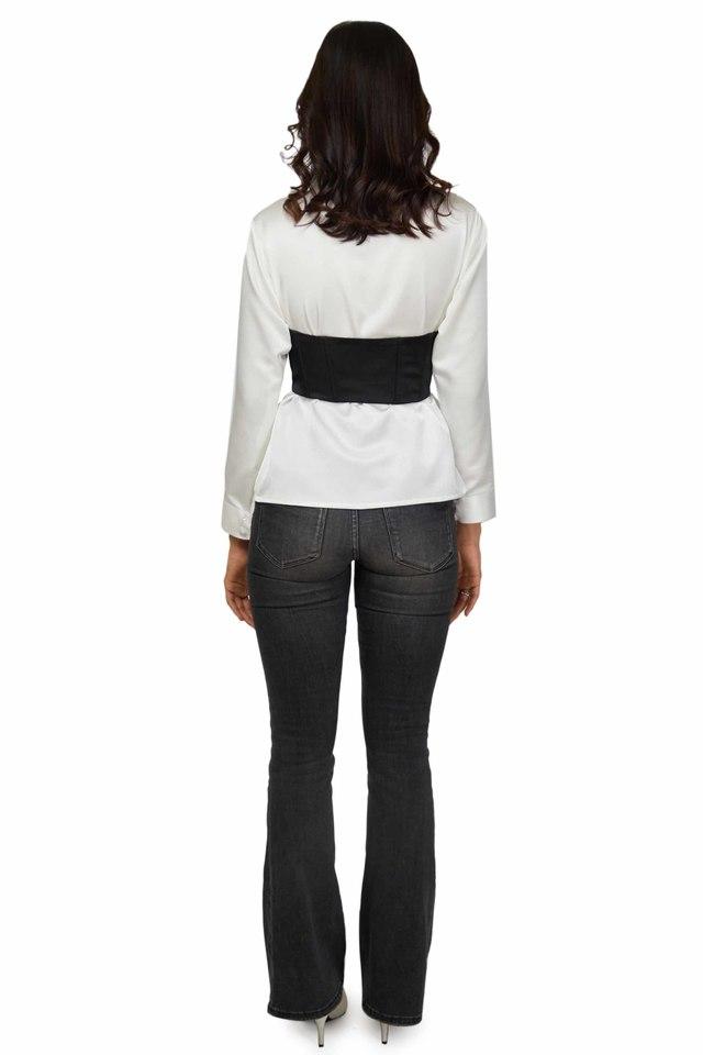 Women's White Long Sleeve V Neck Collarless Ladies' A-Line Blouse –  Threadbare