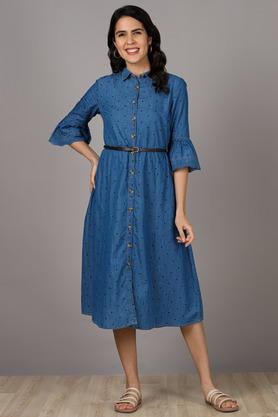 Ice Blue Ladies Plain Midi Denim Dresses 34th Sleeves Party Wear