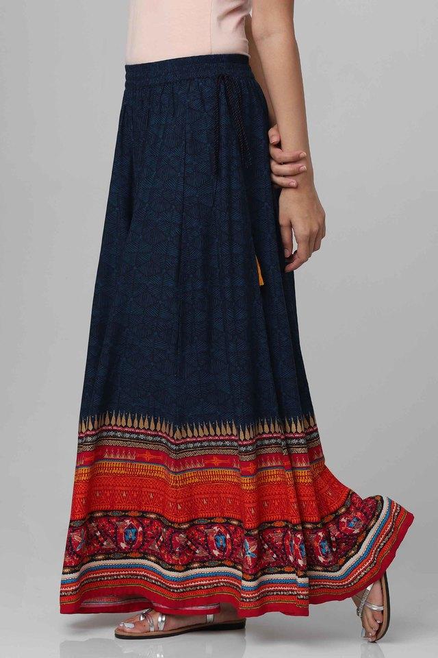 Navy Blue Printed Rayon Flared Skirt