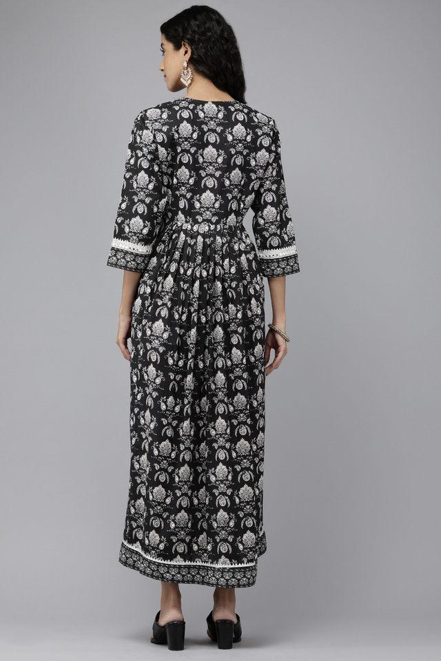 Buy VEDIC Black Embroidered V Neck Cotton Women s Gown Shoppers Stop