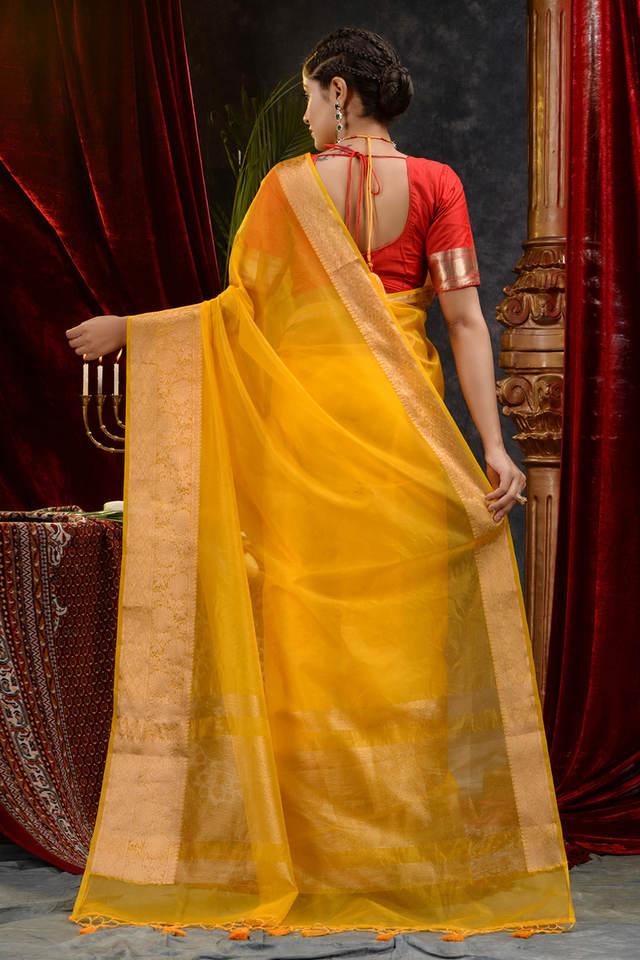 Shop Yellow Silk Organza Sari Online in USA with Red Embroidered Blouse –  Pure Elegance