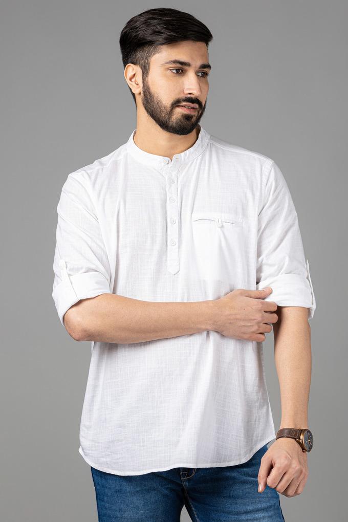 Buy BANDEYA White Solid Cotton Lycra Slim Fit Men's Ethnic Poplin