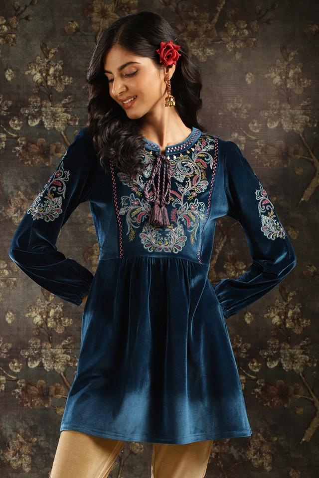 Buy LAKSHITA Blue Textured Velvet Round Neck Women's Tunic