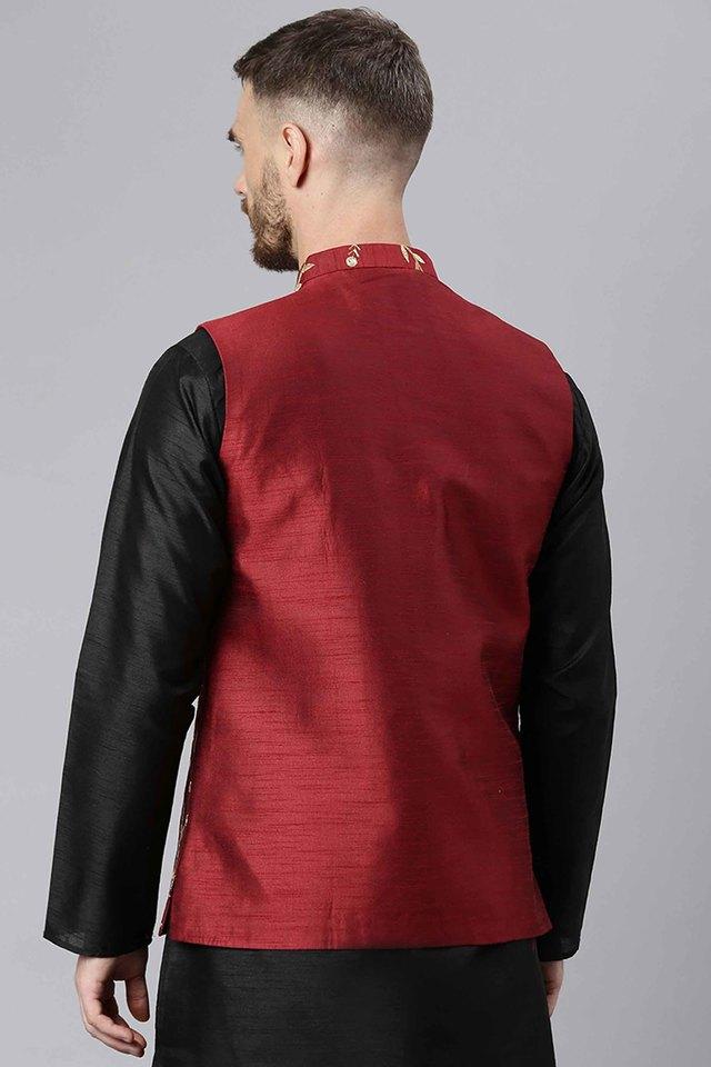 Buy HANGUP Red Embroidered Blended Men's Party Nehru Jacket | Shoppers Stop