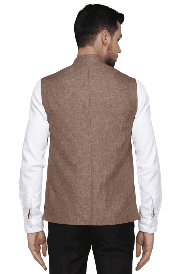 Brown Cotton Printed Nehru Jacket 978MW01