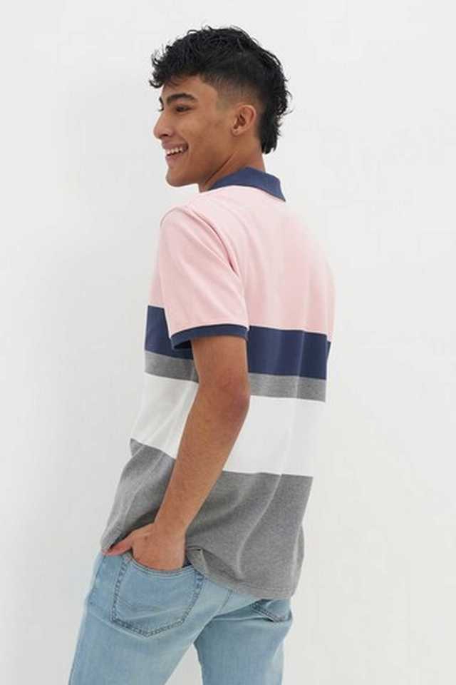 Louis Philippe Sport Striped Men Polo Neck Navy Blue, Pink T-Shirt