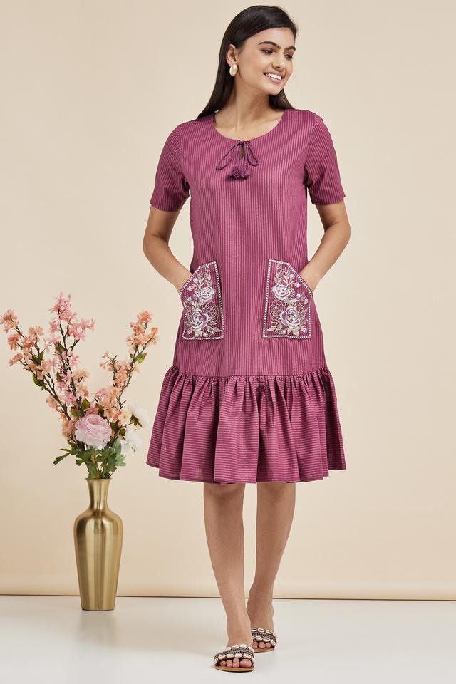 Buy HAUTE CURRY Purple Embroidered Round Neck Cotton Blend Women's Knee  Length Dress