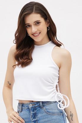 Buy KIBO White Solid Polyester Round Neck Women s Crop Top