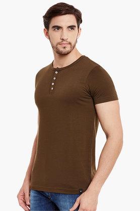 Buy THE VANCA Olive Mens Slim Fit Henley Neck Solid T-shirt with Short ...