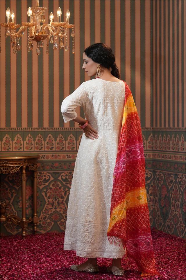 White Anarkali Dress with Red Dupatta - Curious Village