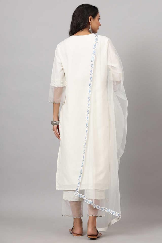 Buy JUNIPER White Embroidered Round Neck Silk Women s Salwar Suit Shoppers Stop