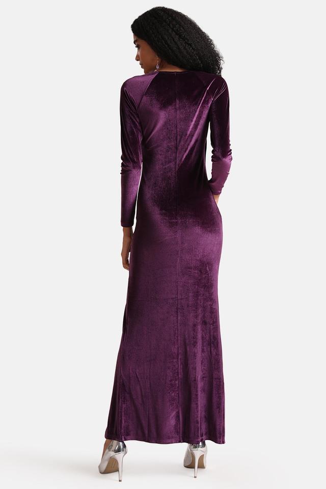 Buy KAZO Purple Solid Velvet V Neck Women s Maxi Dress Shoppers Stop