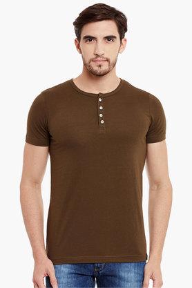 Buy THE VANCA Olive Mens Slim Fit Henley Neck Solid T-shirt with Short ...