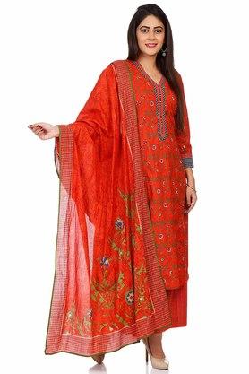 Buy BIBA Womens Red Cotton Straight Suit Set Shoppers Stop