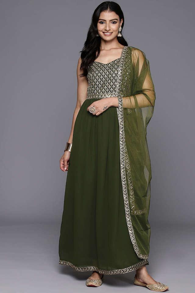 Buy LIBAS Olive Embroidered Georgette Regular Fit Women s Kurta Set Shoppers Stop