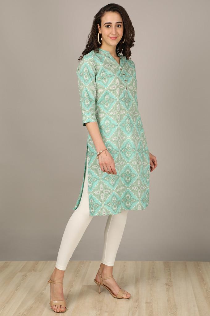 Buy STOP Printed Cotton Mandarin Women's Knee Length Kurta