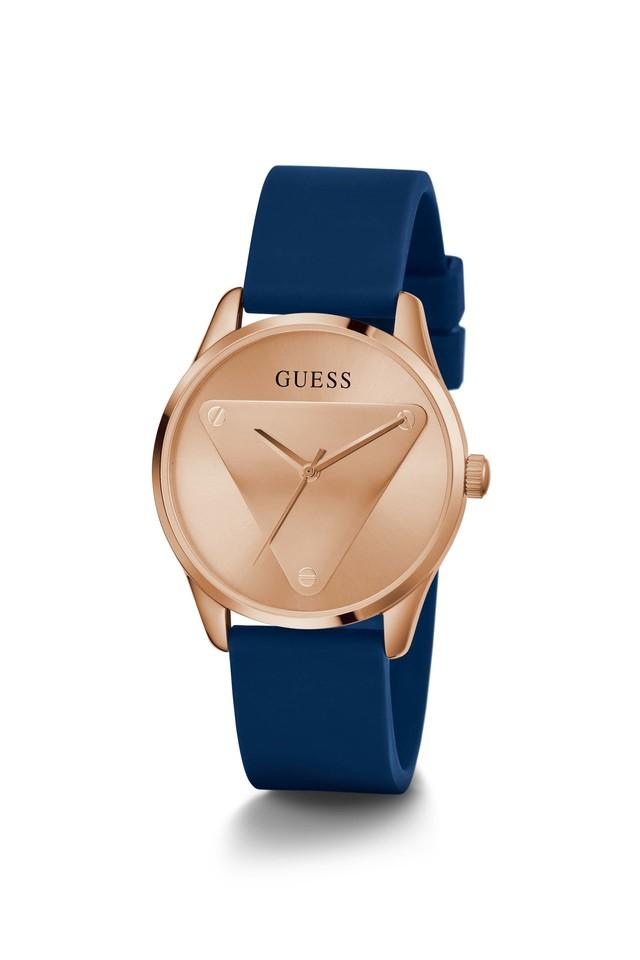 Guess G Twist Gold Dial Black Leather Strap Watch for Women