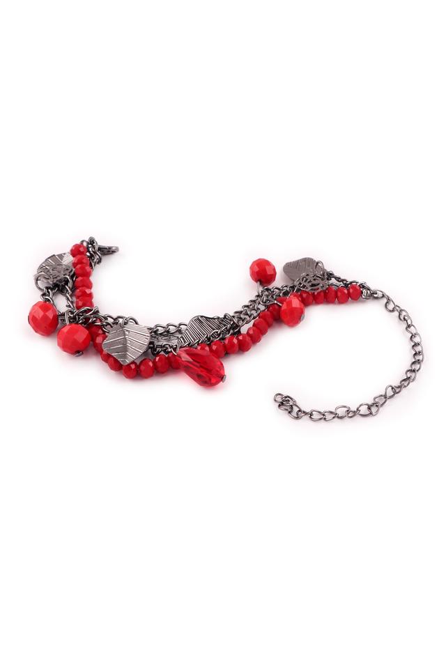 Womens Antique Bracelet With Leaf, Flower And Red Coloured Charms